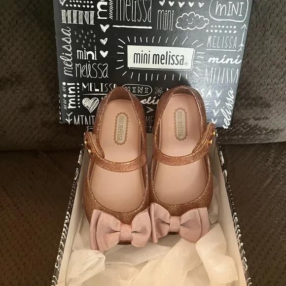 NWT MINI MELISSA Ultragirl Sweet Bow Pink Glitter Kids Flats Size 7T